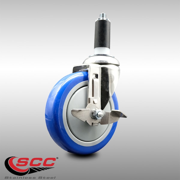 Service Caster 5 Inch 316SS Blue Polyurethane Swivel 1-1/4 Inch Expanding Stem Caster Brake SCC-SS316EX20S514-PPUB-BLUE-TLB-114 - main